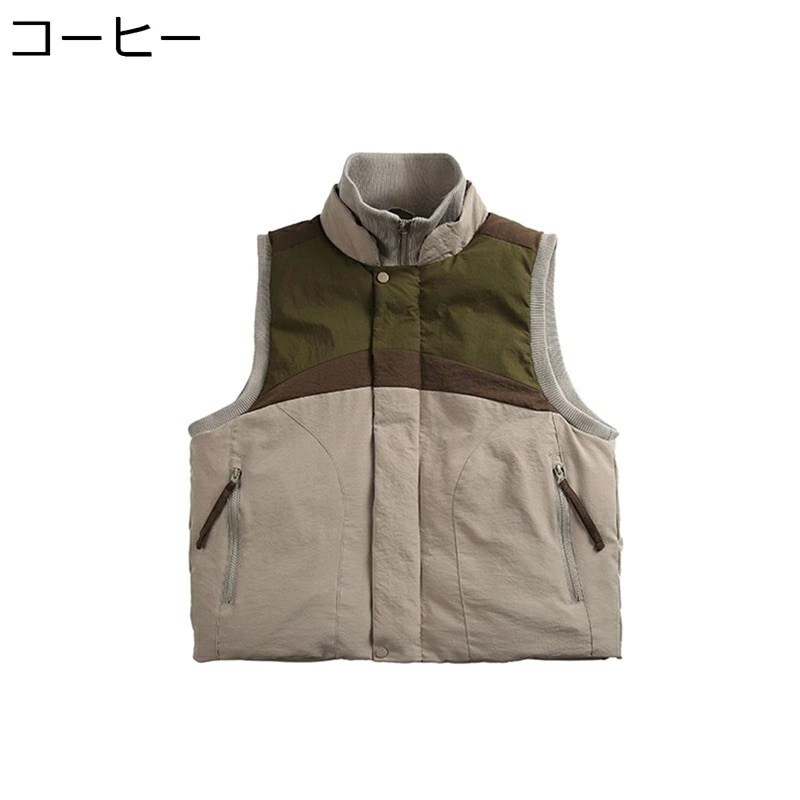 メンズベスト 中綿ベスト 冬用ベスト カジュアル おしゃれ パッチワーク 秋冬 スタンドカラー 薄手 防寒性 保温 重ね着風 暖か チョッキ 冬服 スポーツ アウトドア