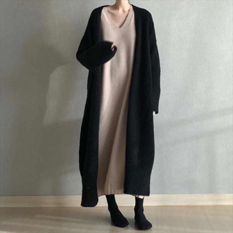 アウター 2色 羽織り カーディガン ノーカラー ロング ロング丈 ミモレ丈 袖あり 長袖 Vネック フレア Aライン 無地 かわいい 大人可愛い 綺麗 シンプル カジュアル 大人 上品