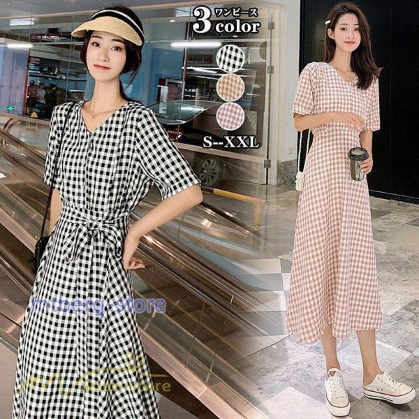 ワンピース Aライン レディース チェック柄 上品 着痩せ Vネック 気質 ロングワンピース サマーワンピース 夏新作 大きいサイズ 上品 通勤通学 20代 30代 40代