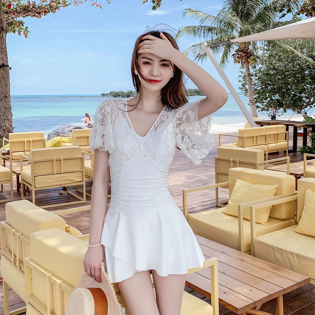 【3日出荷】韓国インス女神風水着 控えめスカートワンピ ボディカバー 温泉リゾート