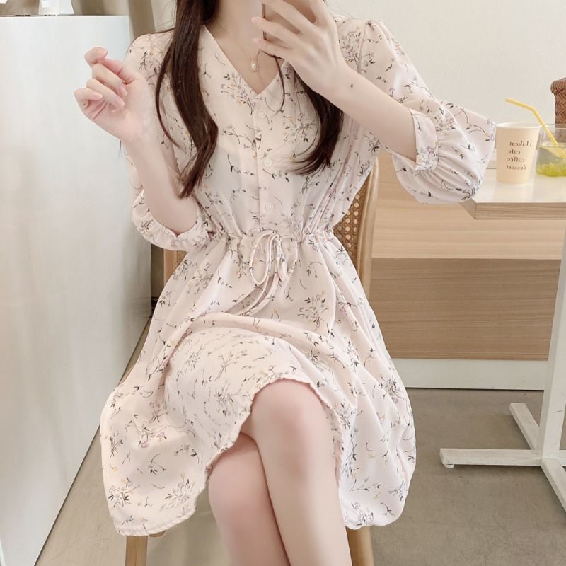 レディース ワンピース 夏 春 秋 カジュアル 体型カバー Vネック 韓国 ウエストシェイプ ミニ シンプル コーデ シフォン風 ドローストリング オフホワイト 10代 30代 大人 可愛い 20代