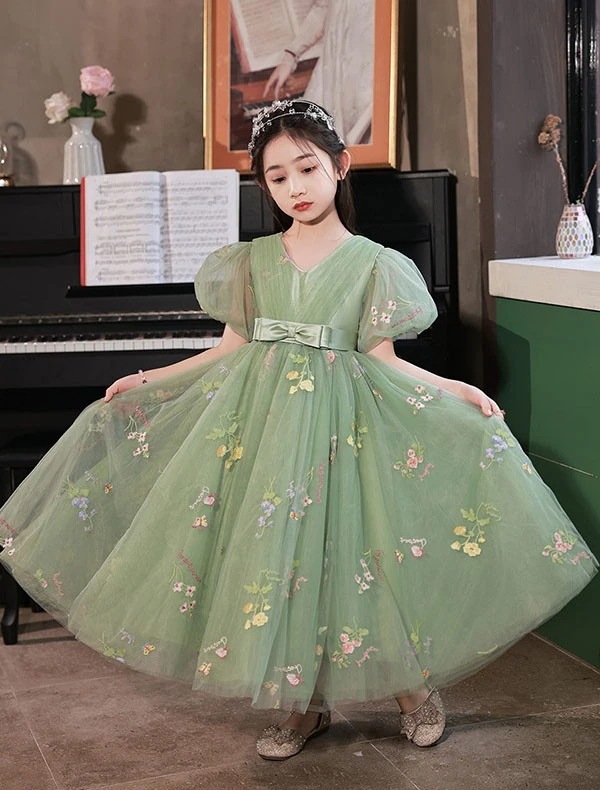 ピアノ発表会 ドレス 中学生 160 ワンピース パフスリーブ 女の子 キッズドレス 100 ロングドレス 袖あり 半袖 子供服 パーティー ロング丈 子供ドレス 演奏会 フラワーガール ベールガール