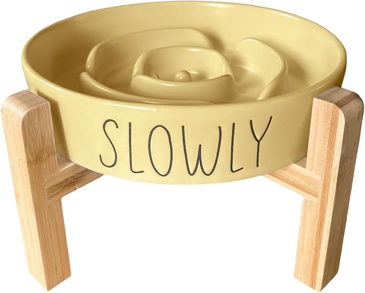 フードボウル 陶器 早食い防止 食器 中型犬 大型犬 猫 ペット えさ皿 スローフィーダー 健康管理 スタンド付き(ライトイエロー, 「L」スタンド付き)