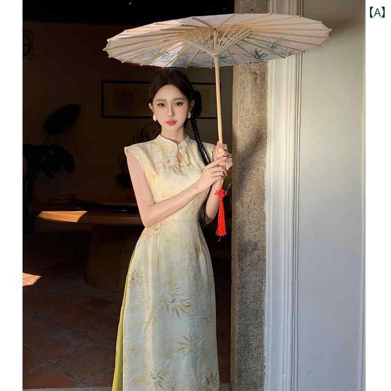 レディース ファッション チャイナ風 チャイナ ドレス レトロ 衣類 休日 ドレス ノースリーブ ウエスト レトロ ロングスカート
