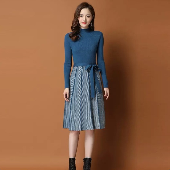 ワンピース フレアワンピース 膝丈 長袖 ハイネック フレア Aライン 切り替えデザイン ドッキング リボン ウエストリボン 異素材MIX かわいい 大人可愛い きれいめ 大人 上品 おしゃれ お洒落 5,382円