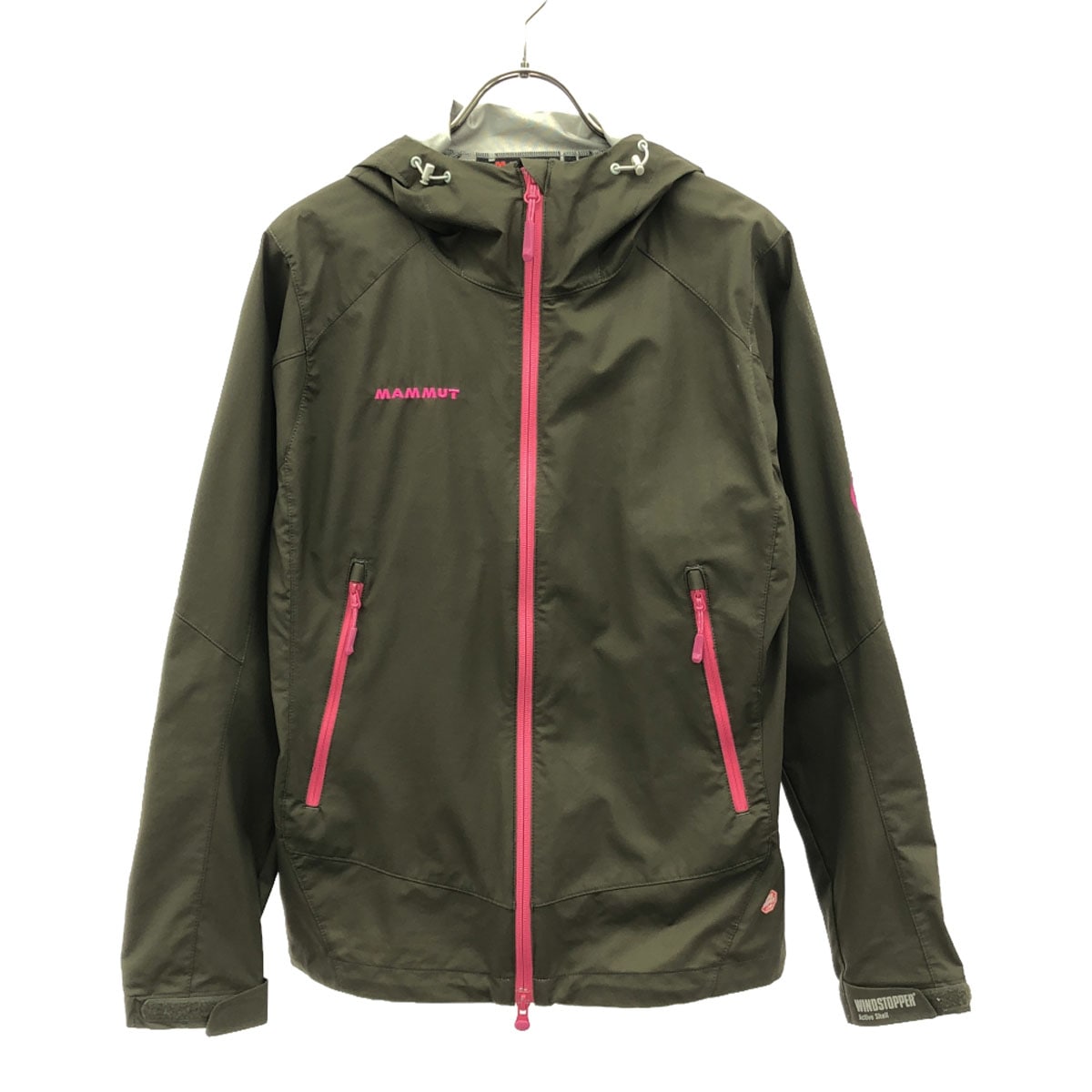 ロゴ刺繍 フーディー ナイロンジャケット S カーキ ダブルジップ アウトドア レディース 古着