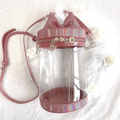 猫耳風リボン付きぬいバッグ ぬいポーチ 収納 見せバッグ ショルダーバッグ イベント クリア 透明 円筒 赤 レッド W13.5cm×H21cm オタ活 ぬい活