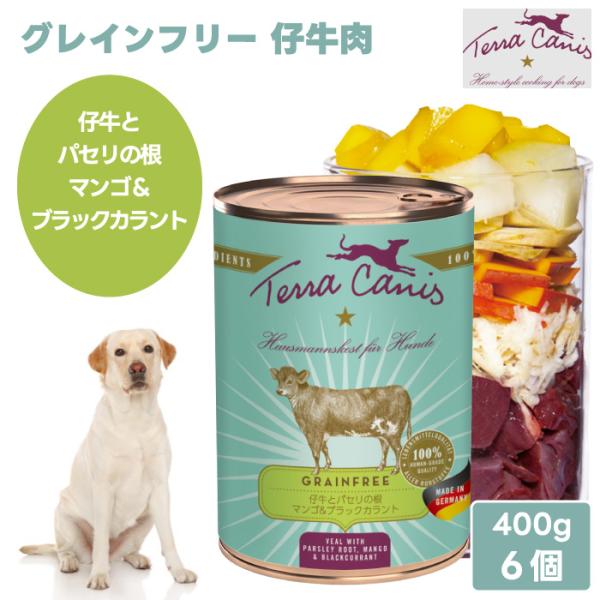 Terra Canis テラカニス グレインフリー 仔牛肉 仔牛とパセリの根 マンゴ&ブラックカラント 400g 6個 2400g ドッグフード 缶詰 ウェットフード