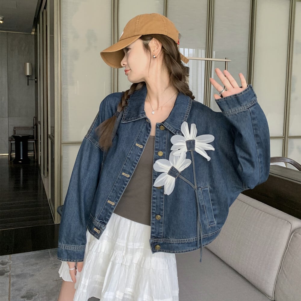 立体花付きショートデニムジャケット