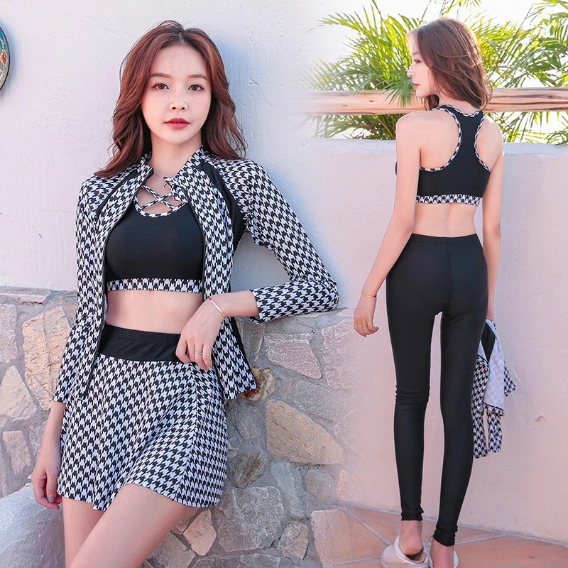 送料無料 5点セット フィットネス水着 水陸両用 レディース チェック柄 ラッシュガード フィットネスウェア 運動 スポーツ セパレート 上下セット 海 プール ピーチ 学生 20代 30代 みずぎ