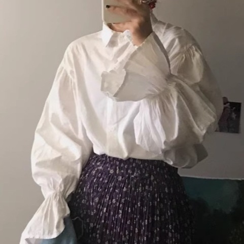 レディース トップス シャツ ミドル丈 長袖 襟付き フェミニン フリル コットン かわいい シンプル カジュアル 上品 おしゃれ レトロ ガーリー ルーズ 個性的 エレガント 存在感 キュート