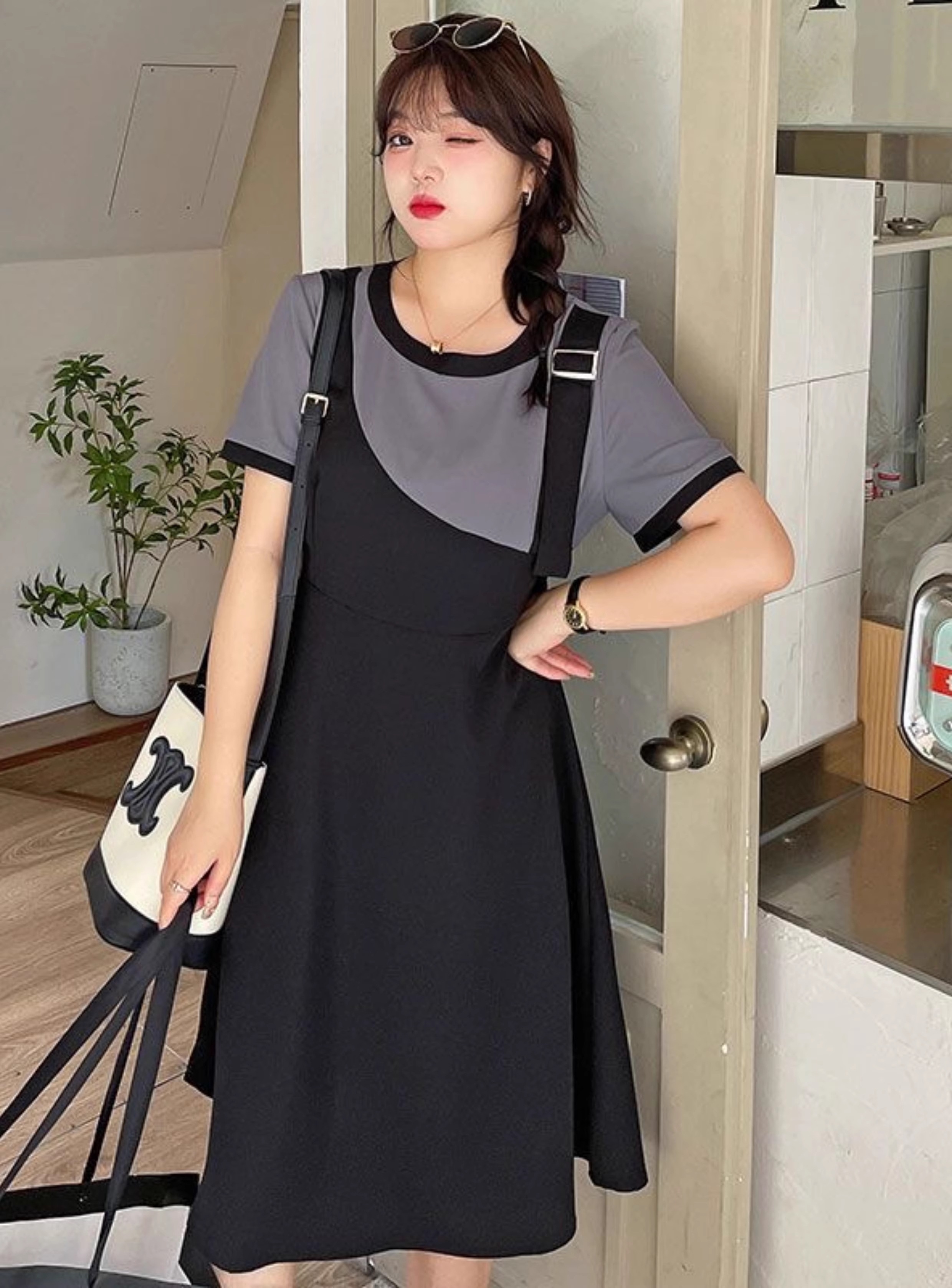 カレッジ スタイル プラスサイズ 女性 ドレス 個性的 ワンピース 膝丈 ひざ丈 膝下 袖あり 半袖 ラウンドネック 襟なし 大人可愛い カジュアル 大人 おしゃれ お洒落 大人可愛い 大人女子