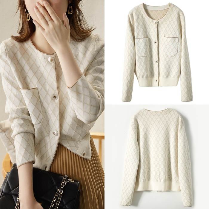 カーディガン レディース トップス M L ホワイト 白 ダイヤ柄 クロス 大人カラー ニュアンスカラー ニット クルーネック ポケット フロントボタン 前開き 秋 冬 長袖 ショート丈 スリム 細身