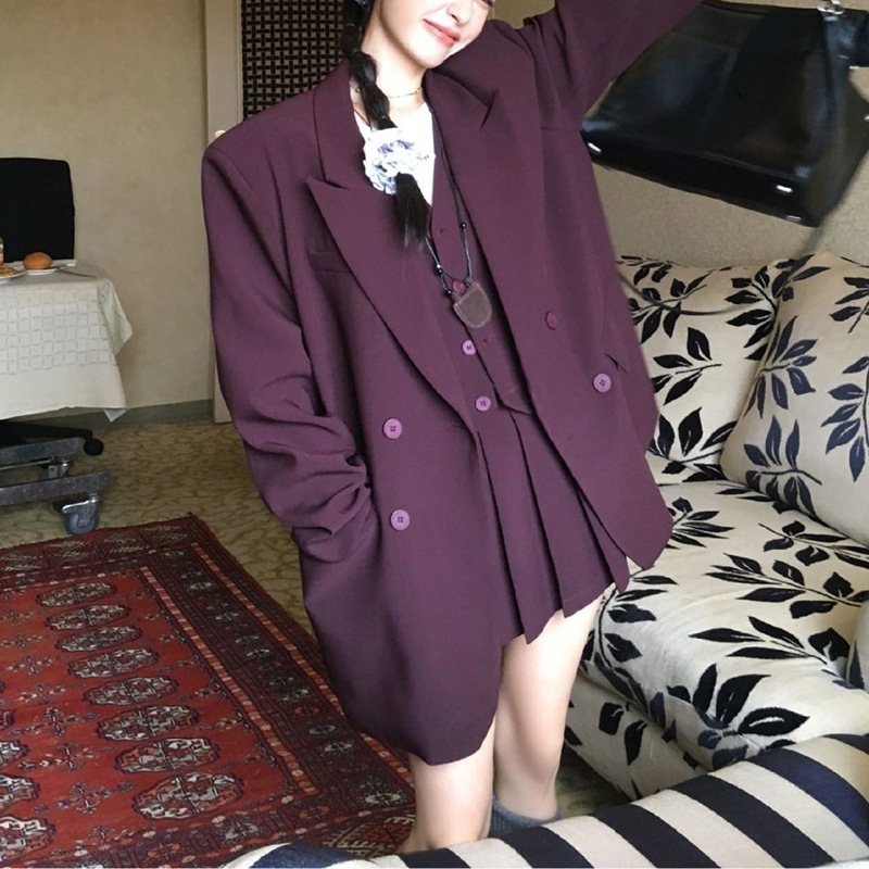 春と秋のためのエレガントな相続人スリーピースセット：スーツジャケットベストハイウエストプリーツスカート