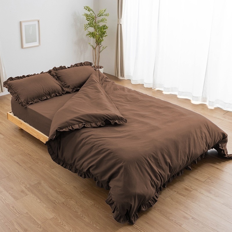 フリル付き布団カバーセット セミダブル 4点セット 寝具 掛布団カバー 枕カバー ボックスシーツ ピーチスキン加工 丸洗いOK オールシーズン