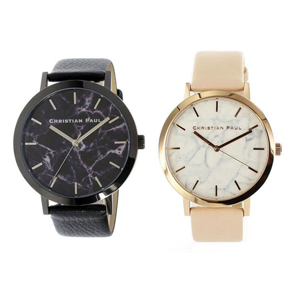 【ペア収納ケースつき】クリスチャンポール 腕時計 手表 ペアウォッチ おそろい 同サイズ 黒 白 マーブル 大理石柄 43mm ブラック ベビーピンク 天然皮革 レザー MR-01MR-07 誕生日プ