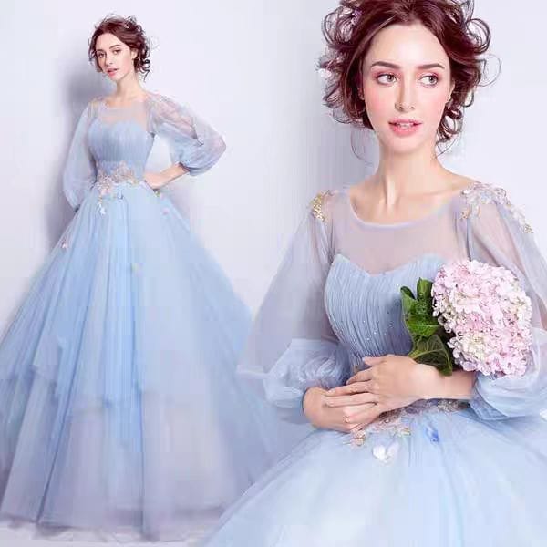 ウエディンドレス カラードレス ロング丈ライトブルー超豪華レースラウンドネック長袖気質優雅大きいサイズ 結婚式 二次会 演奏会 花嫁 撮影 編み上げ式