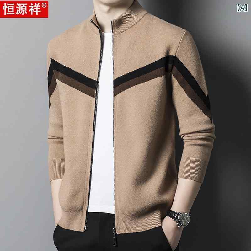 カーディガン メンズ セーター ニット 秋冬 ウール ジッパー ジップアップ ジャケット キャメル ブラック グレー