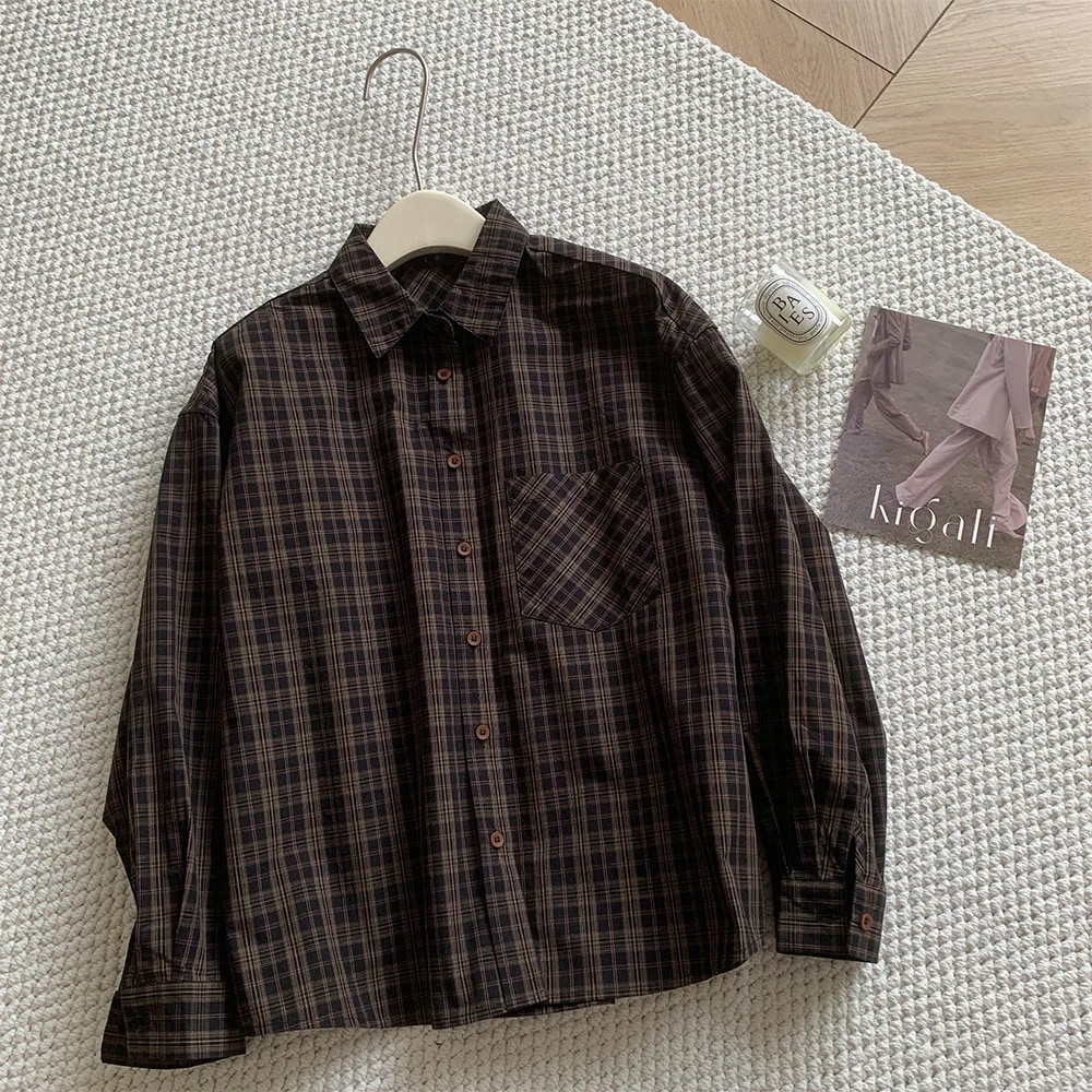 女性用レトロチェックシャツ2024年秋の新作韓国風ゆったりフィットカジュアル多用途の長袖シャツ/ジャケット/トップス