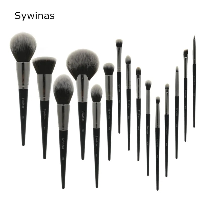 Sywinas-プロのメイクアップブラシキット,黒い天然人工毛,高品質,15個