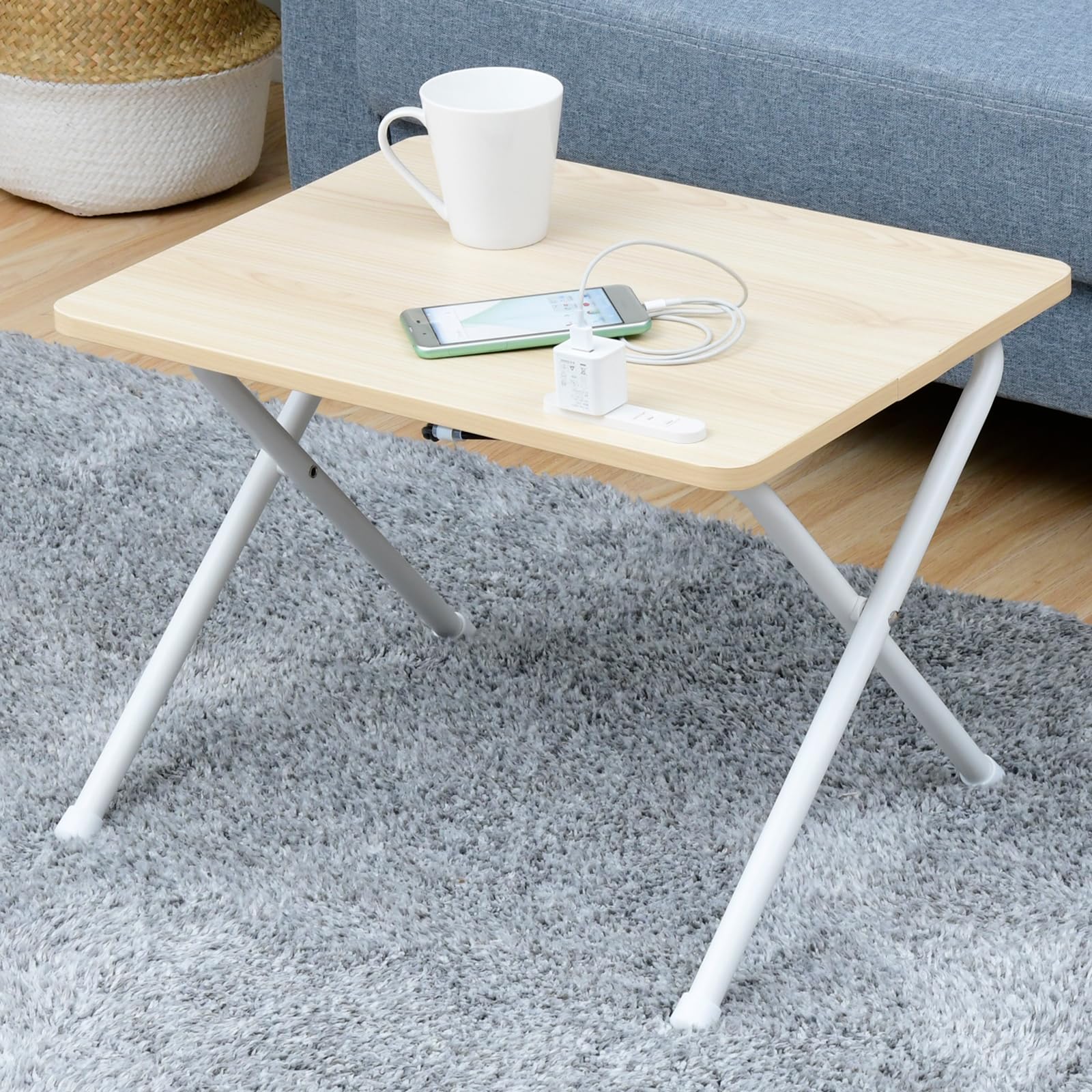 山善 テーブル ローテーブル (ミニ/折りたたみ/コンセント付き) 完成品 幅50奥行44高さ36cm 一人暮らし ウッドナチュラル/ホワイト EYST-5040L(WN/WH2)