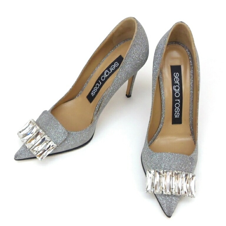 Sergio rossi ﾋｰﾙﾊﾟﾝﾌﾟｽ ｸﾞﾘｯﾀｰ ﾋﾞｼﾞｭｰ ｼﾙﾊﾞｰ 36 【中古】(58905)