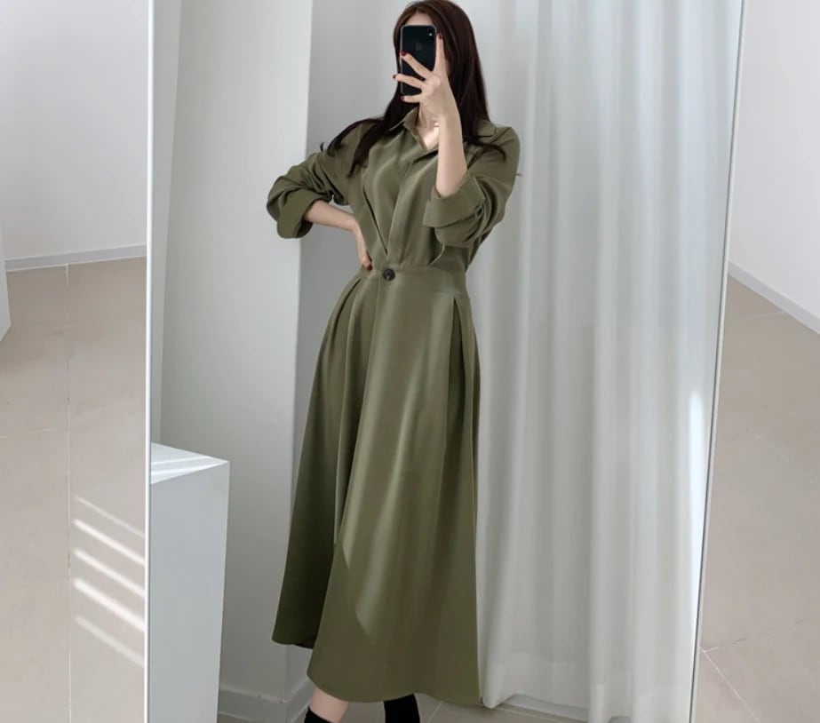 ワンピース シャツワンピース ミモレ ミモレ丈 袖あり 長袖 Vネック 襟付き Aライン ウエストマーク ハイウエスト 前開き 薄手 かわいい 大人可愛い きれいめ シンプル カジュアル 大人 上品