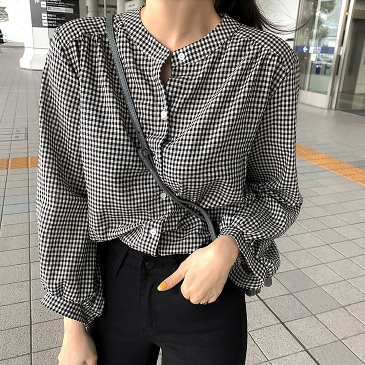ノーカラーシャツ ギンガムチェック トップス シャツ 袖あり 長袖 襟なし 前開き 綿 かわいい 大人可愛い シンプル カジュアル 大人 おしゃれ お洒落 大人可愛い 大人女子 こなれ感 ラブリー