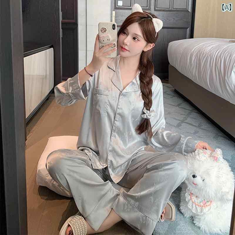 パジャマ　レディース　上下 2025年 パジャマ 女性 春秋 冷感 長袖 ズボン スーツ 高級 ブルー 薄手 ホームウェアと して 着用 可能