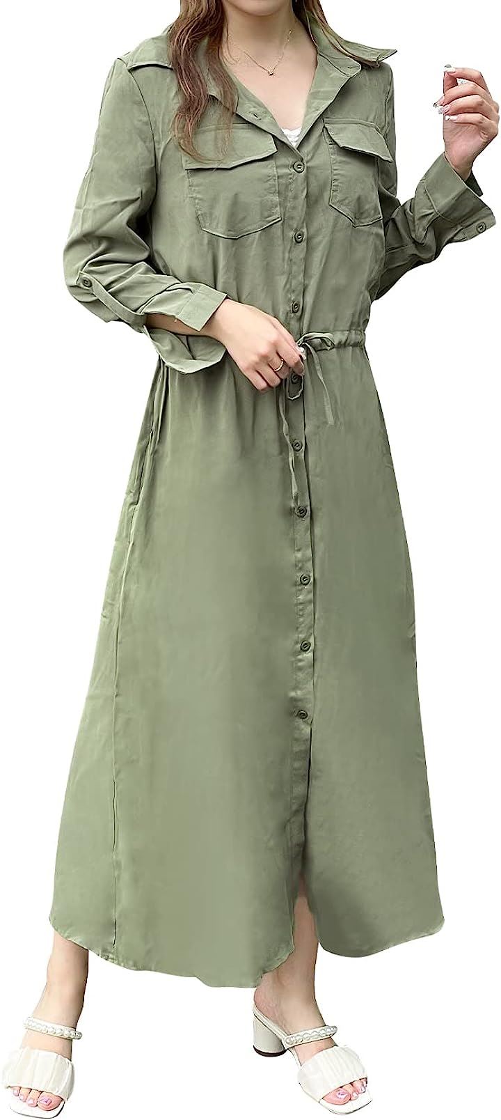 ワンピース レディース ロング シャツワンピース マキシ チュニック 長袖 無地 薄手 L( カーキ, L RegularLong)
