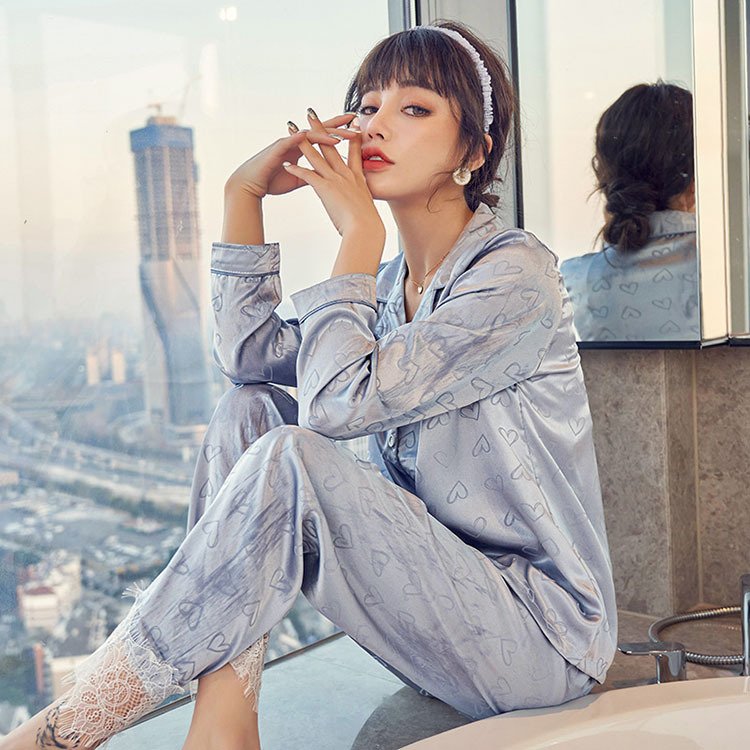 パジャマ ルームウェア レディース 春夏秋 激安本物 長袖パジャマ 前開き シルク風ルームウェア 心柄 ゆったり ギフト 大きいサイズ部屋着 薄手 上下セット 寝巻き 可愛い