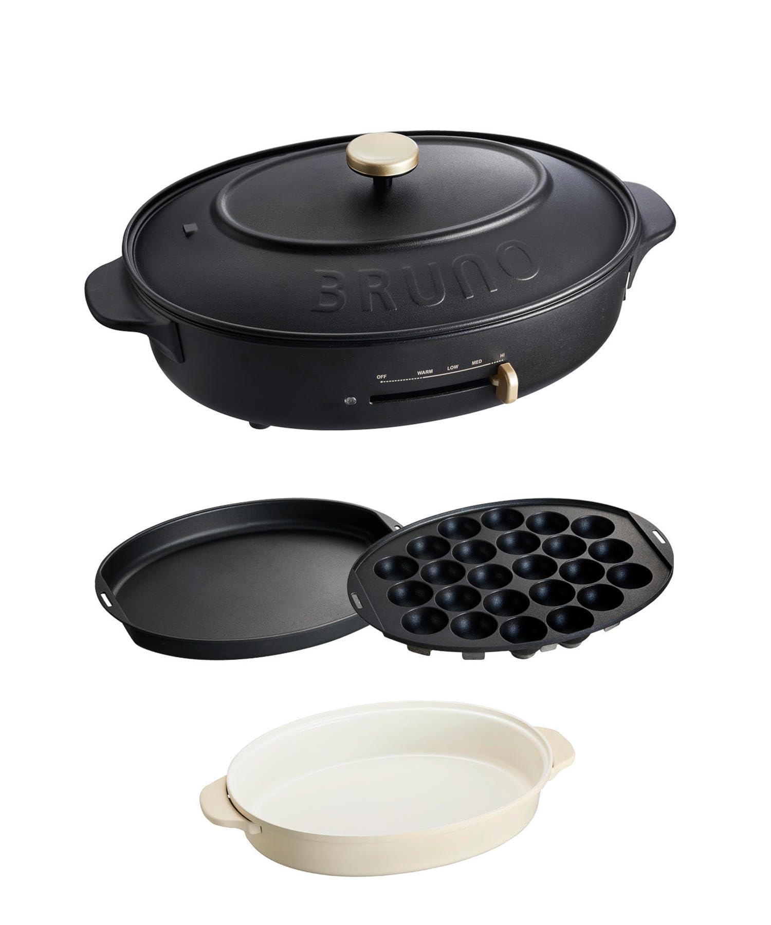 BRUNO ブルーノ オーバルホットプレート 本体 プレート3種 (たこ焼き 深鍋 平面) ブラック Black 黒 おしゃれ かわいい これ1台 一台 蓋 ふた付き 1200w 温度調節 洗いやすい