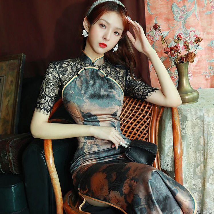 風チャイナドレス 2025 中華民国 ヤングスタイル レトロ オールド 上海 ロングスタイル デイリー ウェアラブル ドレス 春 母の日 母の日-0007778