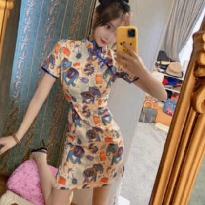 半袖チャイナ服デザインドレス ワンピース ドレス ひざ丈 半袖 ハイネック スリム タイト 細身