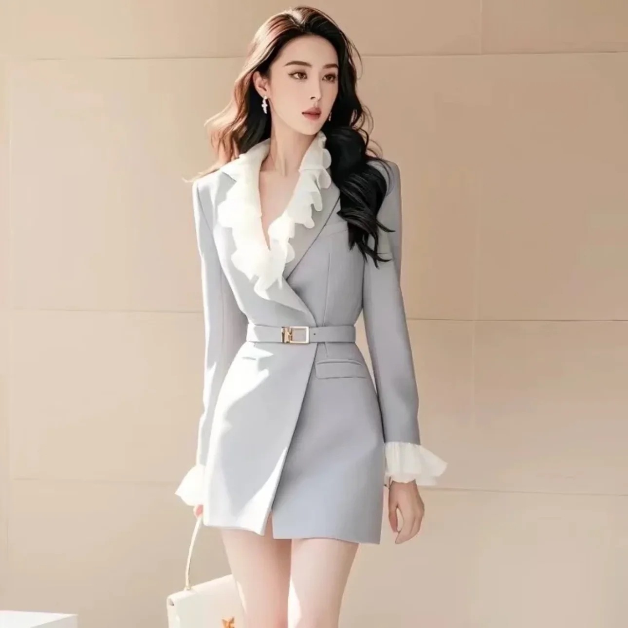 女性用長袖スーツドレス,フリル付きスリミングスーツ,フレンチスタイル,ハイエンド,フォーマルイベント,秋 - AliExpress 200000345