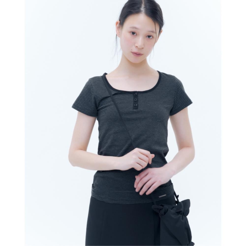 MISEKI SEOUL Striped henley neck short sleeves BLACK MSK