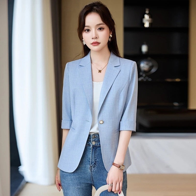 【2点購入で1OO円オフ】[急速出荷]女性汎用性高い春と夏小さな人短い気質カジュアルスーツジャケット ブルー七分袖ブレザー