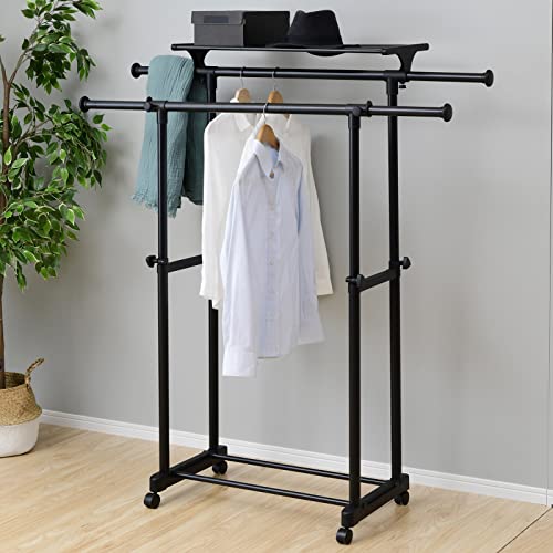 山善 ハンガーラック キャスター付き 幅80-132×奥行51.5×高さ95.5-158.5cm (上棚付き/伸縮/高さ調節可能/ダブル) 組立品 オールブラック MKS-WSNT(ABK)