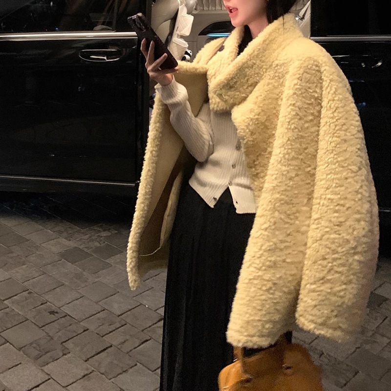 気質スタンドカラー毛皮一体エコ毛皮女性ゆったり高級感毛皮コートデザイン