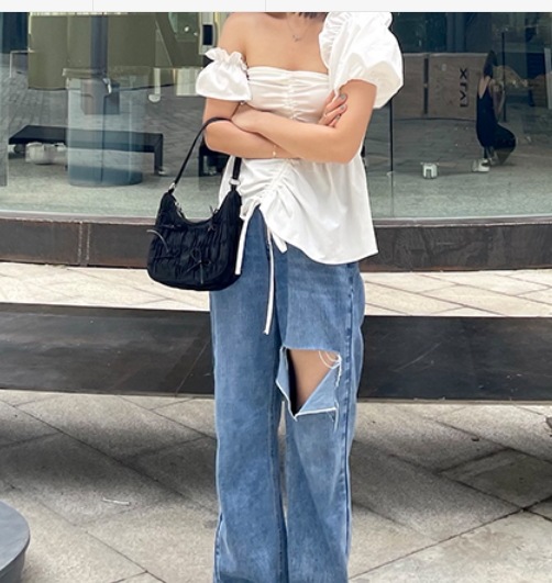 ワイドダメージデニム ボトムス パンツ ロング丈 長袖 ストレート ワイド デニム ブルーデニム 爽やか 大人スタイル かわいい 大人可愛い きれいめ シンプル カジュアル 大人 上品 おしゃれ