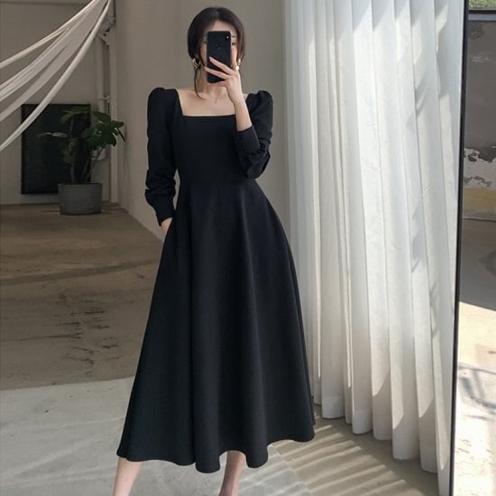 【取寄：納期2週間】パーティードレス レディース 演奏会ドレス ワンピースドレス 結婚式ドレス きれいめ お呼ばれ スクエアネック Ａラインスカート 長袖 シック レトロ ブラック 黒 お出掛け 7,480円