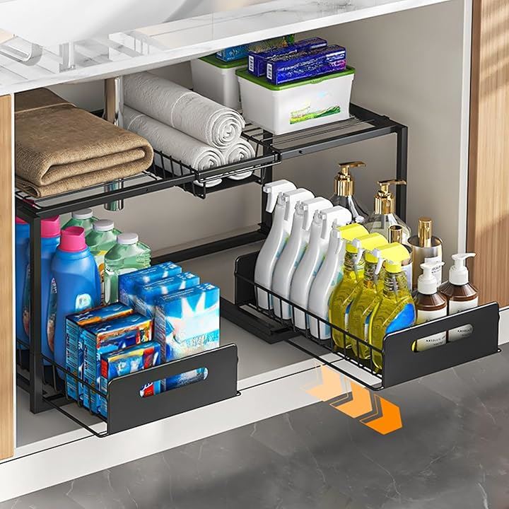 シンク下収納 キッチン収納 洗面台下収納 組立簡単 伸縮式64-75CM 省スペース 棚板2枚＋バスケット1個(ブラック, 64-75CM) 5,068円