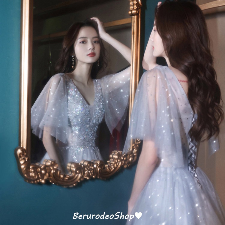 結婚式ドレス 二次会ドレス ミモレ丈 パーティードレス Vネック サックス お呼ばれドレス ミディアム丈 Aライン イブニングドレス 可愛い 20代 30代