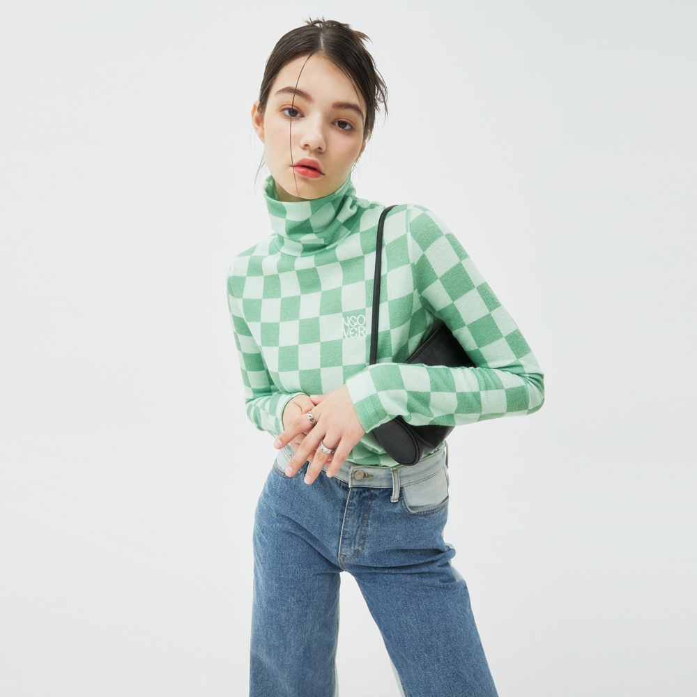 CHECKER BOARD TURTLENECK KNIT-GREEN