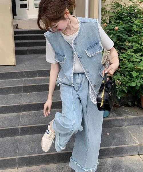 セットアップ レーストリムノースリーブデニムベスト ＋ フリンジワイドレッグデニムパンツ セットアップ レディース