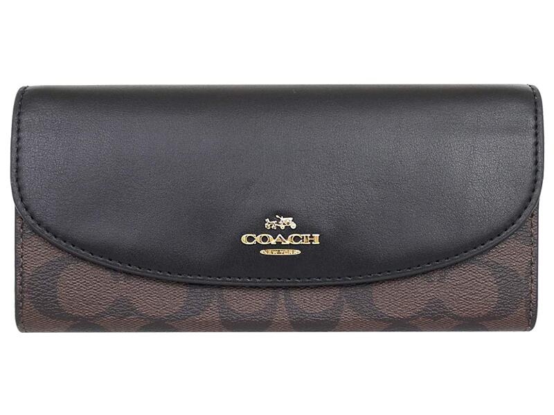 COACH F54022-IMAA8 コーチ スナップ式長財布 アウトレット シグネチャー スリム エンベロープ ウォレット メタルロゴ付 スムースカーフレザー/PVC ブラック/ブラウン/ゴールド