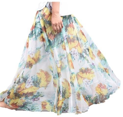 3143.ロング丈 花柄シフォンスカート（ホワイト）2019 春夏 お出かけ パーティー