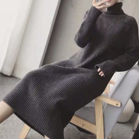 3色 ワンピース 長袖 秋冬 きれいめ ロング ニット ワンピ ロング丈 マキシ丈 ボリューム袖 萌袖 タートルネック ストレート Iライン もこもこ リブニット 色展開 ホワイト ブラック ブラウン 7,993円