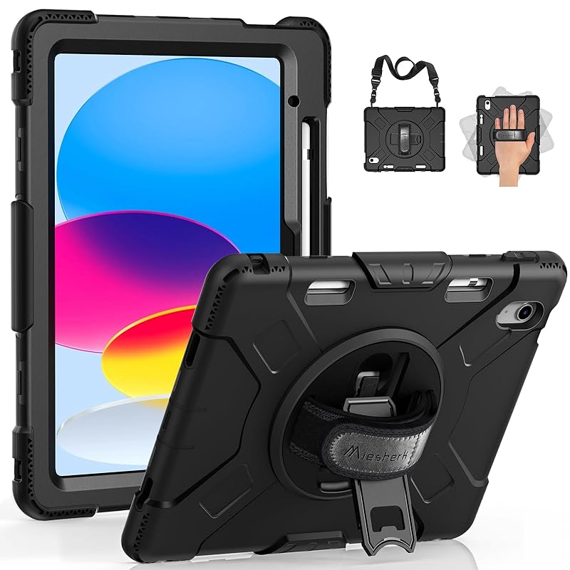 Miesherk ipad 10世代 ケース 10.9インチ 2022 iPad保護ケース 耐衝撃 頑丈 防塵 360回転スタンド 精密カット ペン収納 ショルダー/ハンドストラップ 仕事 現場 子