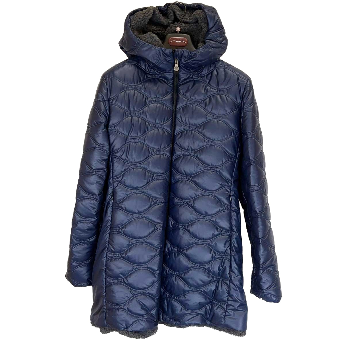 【中古・未使用品】ANIMO アニモ LOISONロングダウンジャケット コート 裏ボア IT46 ネイビー レディース 乗馬 馬術 ハンガー付き